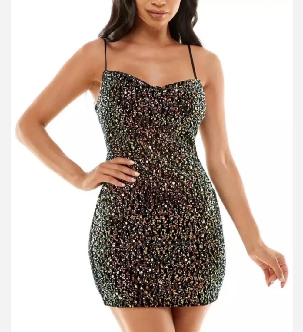 NWT City Studios Macy's Little Black Dress Pearl Sequence Mini Strappy Sz M - Picture 1 of 7